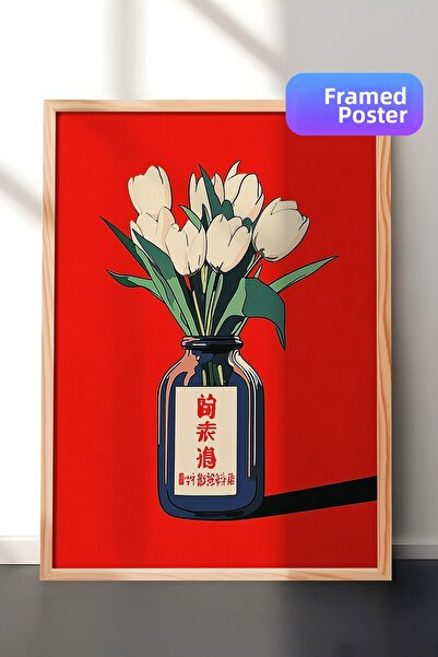 Zestia Pictură murală înrămată în lemn, lalele albe într-o vază cu fundal roș...