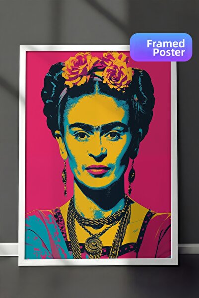 Zestia Pictură de perete înrămată albă Frida Kahlo Pop Art Interpretare portr...