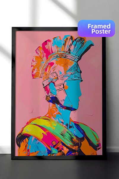 Zestia Pictură murală înrămată în negru, futuristă, colorată, cu cap de războ...