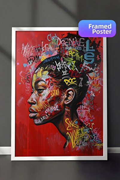 Zestia Pictură de perete înrămată albă, portret colorat de femeie în stil gra...