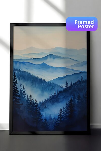 Zestia Pictură de perete înrămată în negru Pădurea de pin ceață și munții Pei...