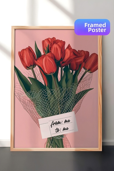 Zestia Tablou de perete cu ramă din lemn, buchet de lalele roșii cu fundal ro...