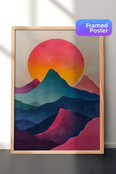 Zestia Pictură murală cu ramă din lemn, munți stratificați și soare, peisaj a...