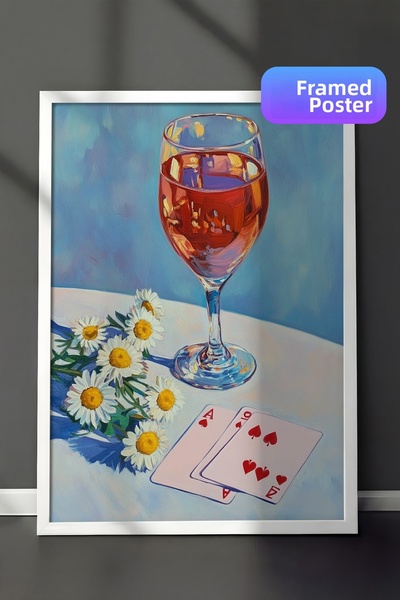 Zestia Pictură de perete înrămată în alb, scenă romantică cu vin, pahar și ma...