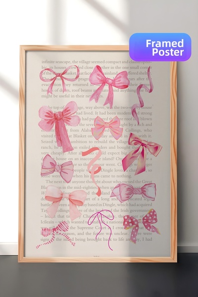 Zestia Tablou de perete cu rama din lemn, modele cu funde roz, decor pentru c...