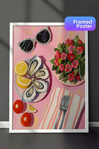 Zestia White Framed Wall Art Painting Colorful Tableware Seafood and Lemons M...