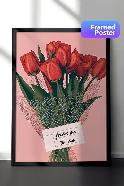 Zestia Pictură de perete înrămată în negru, buchet de lalele roșii cu fundal ...