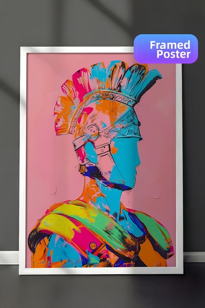 Zestia Pictură de perete înrămată albă, futuristă, colorată, cu cap de război...