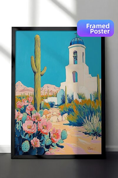 Zestia Стена с черна рамка, пустинни кактуси и бяла средиземноморска къща, цв...