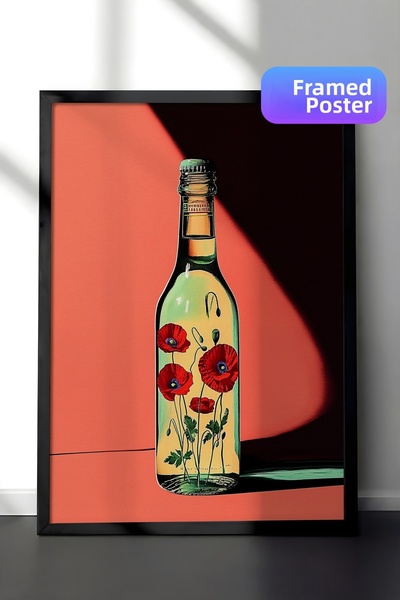 Zestia Pictură murală înrămată în negru, sticlă cu flori, decor modern minima...