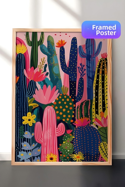 Zestia Pictură murală înrămată în lemn, compoziție botanică vibrantă cu cactu...