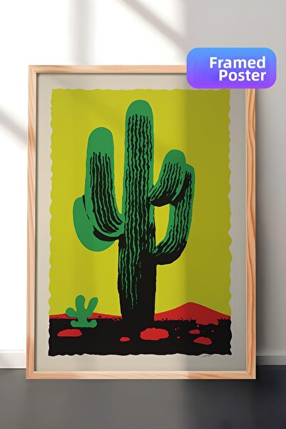 Zestia Tablou de perete înrămat în lemn, grafică cu cactus verde vibrant, pos...