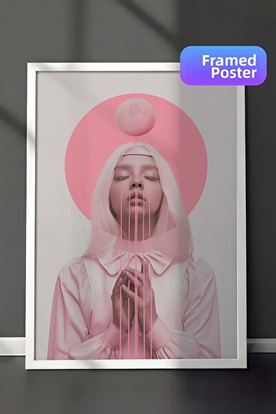Zestia Ζωγραφική τοίχου με λευκό πλαίσιο Γυναίκα που προσευχόμενη σε ροζ αποχ...