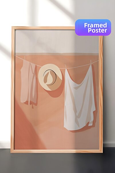 Zestia Tablou de perete cu ramă din lemn, în tonuri de bej, cu haine agățate,...