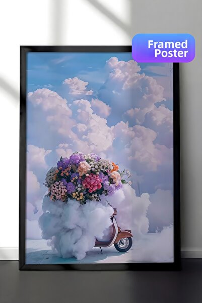 Zestia Black Framed Wall Painting Flower Loaded Scooter over Clouds Surreal S...