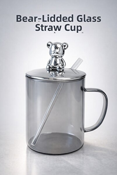 Two Two كوب على شكل دمية دب - كوب زجاجي فضي اللون مع مصاصة زجاجية