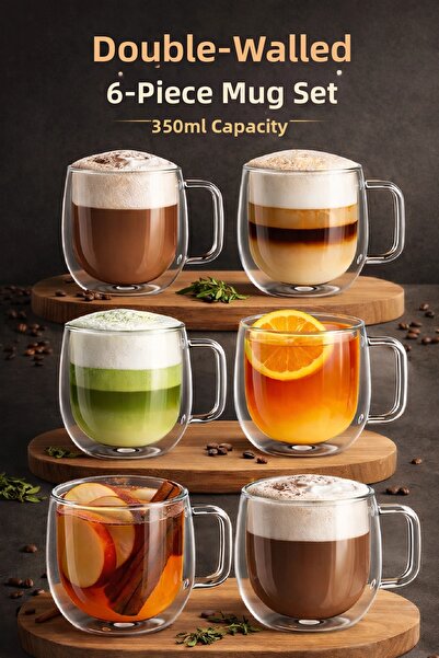 Berdina Home Set of 6 350 ml Double Wall Glass Cups Heat Resistant Transparen...