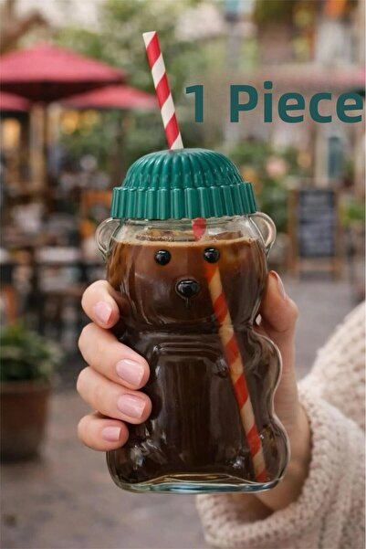 Bayev Teddy Bear Glass Barista Cold Drink Cup Teddy Bear Cup 550 ml Design Mu...