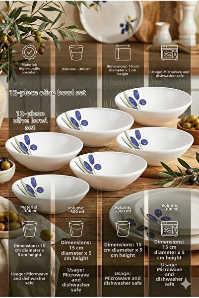 RİVO HOME DECOR Olivos Soup Bowl Set of 12 14 cm