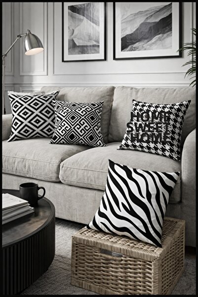 SasoHome مجموعة Home Sweet Home and Zebra مخططة باللون الأسود مكونة من 4 أغطي...