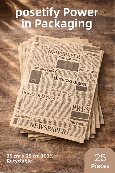 POŞETİFY ورق عرض مقاوم للزيوت 25x35 سم |   مطبوع بنمط الصحف القديمة |   25 قط...
