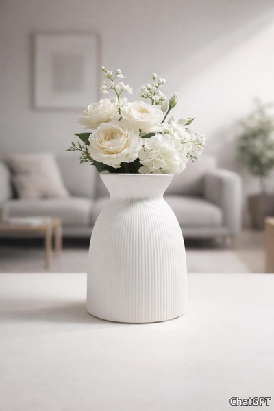 İLİVA White Ceramic Striped Vase Modern Trend Design