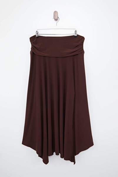 Trendyol Curve Fusta maxi tricotată elastică, maro, cu detaliu în talie și șl...