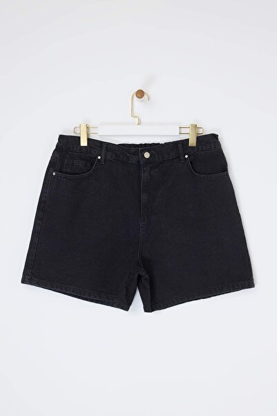 Trendyol Curve Black Elastic High Waist Mini 100% Cotton Plus Size Denim Shor...