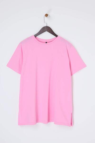 Trendyol Curve Tricou tricotat roz, relaxat, cu decolteu rotund și șliț, 100%...