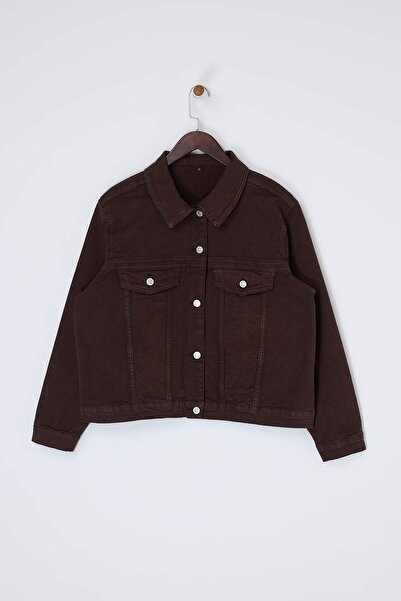 Trendyol Curve Brown Stretchy Crop Plus Size Denim Jacket Tbbss25Ag00007