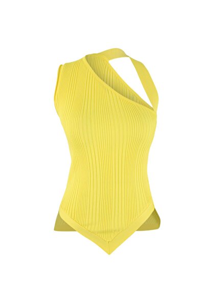 Trendyol Collection Gelbe stilvolle asymmetrische Strickbluse TWOSS26BZ00320