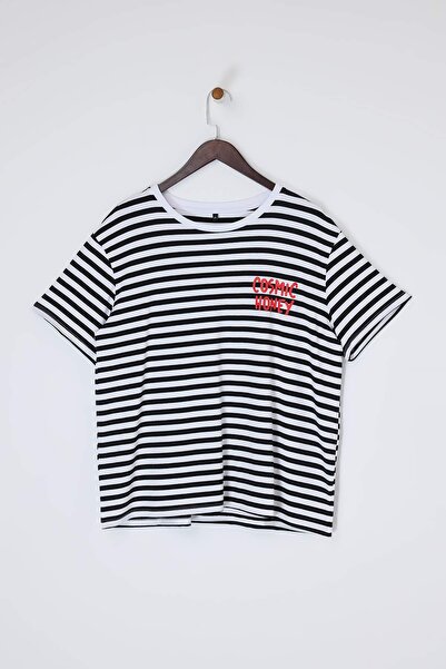 Trendyol Curve Red Striped Thick Cotton Slogan Embroidery Detailed Knitted Ov...
