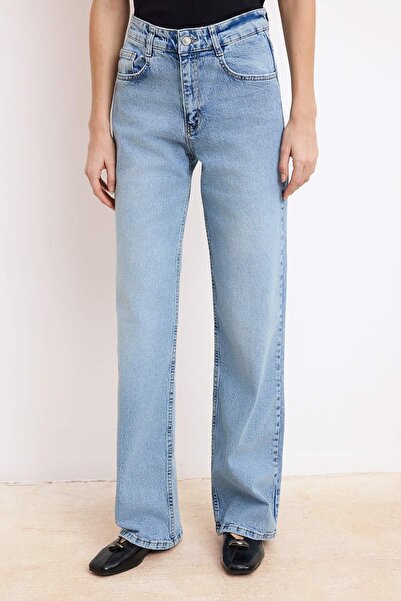 Συλλογή Trendyol Μπλε ψηλόμεσο τζιν 100% βαμβακερό φαρδύ μπατζάκι με φαρδιά μ...