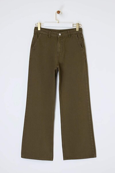 Trendyol Collection Khaki DRAPED High-Waist-Jeans aus 100 % Baumwolle mit wei...