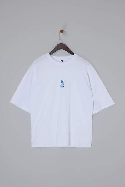 Trendyol Collection White Oversized /Wide Cut Rabbit Embroidered 100% Cotton ...