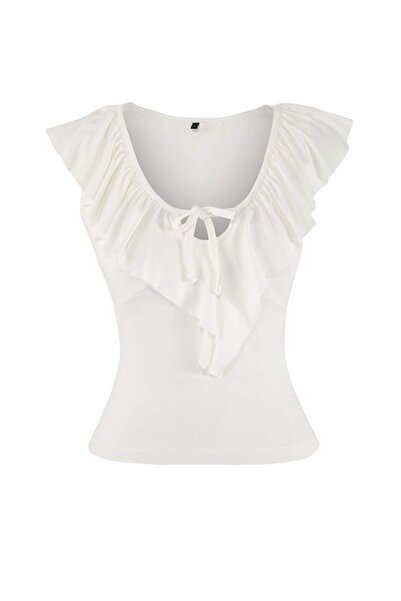 Trendyol Collection Ecru Fitted/V-Neck Flounced/Ruffled Premium Soft Knitted ...