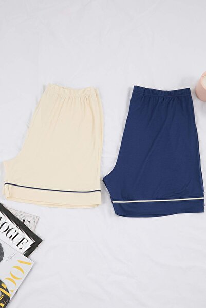 Trendyol Curve Μπλε ναυτικό-εκρού με ρέλι Βισκόζη Μαλακό Παντελόνι Πιτζάμα Με...