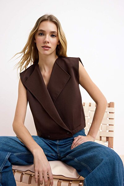 Trendyol Collection Brown Jacket Collar Stopper Detail Elastic Waist Woven Ve...