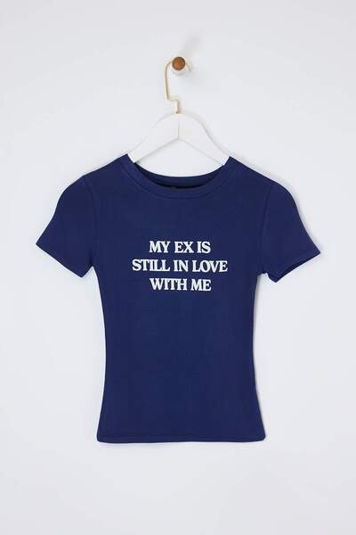 Trendyol Collection Navy Blue Slogan Fitted Cotton Ribbed Knitted T-Shirt Two...
