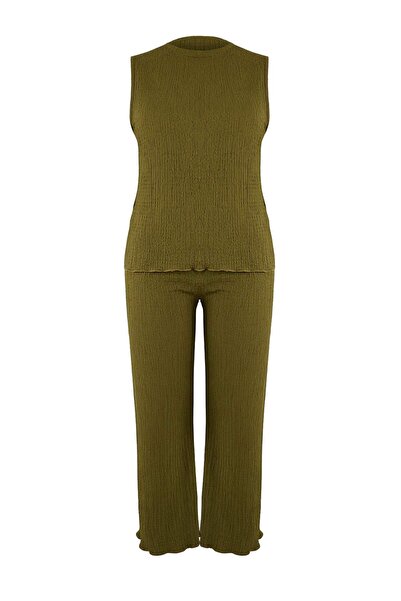 Trendyol Curve Khaki Textured Regular Fit Sleeveless Flexible Plus Size Knitt...