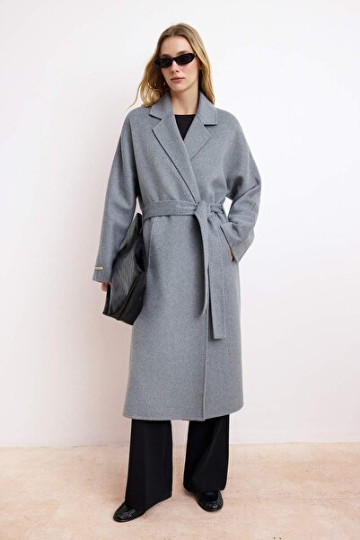 Trendyol Collection Gray 100% Wool Handmade Tie-Up Oversized Long Coat Twoaw2...