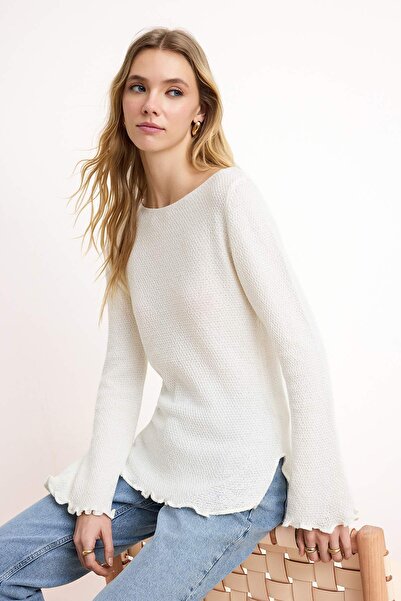 Trendyol Collection Ecru Sequined Skirt with Tassel Detail Knitwear Sweater T...