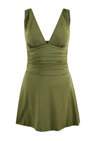 Trendyol Collection Costum de baie kaki cu decolteu în V și fustă normală TBE...