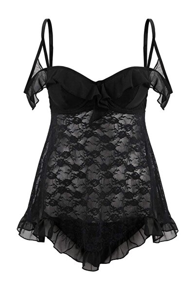 ترينديول كوليكشن قميص نوم بيبي دول أسود مع تفاصيل الأكمام من التول/قميص نوم ف...