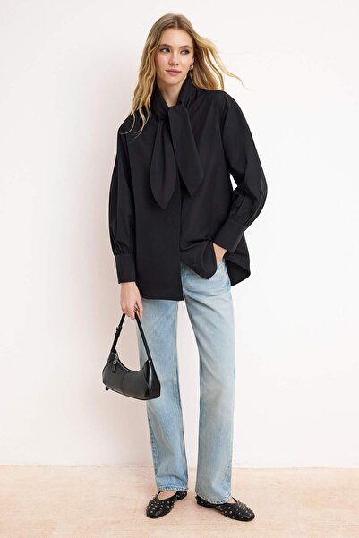 Trendyol Modest Black Regular Terrycotton Plain Woven Hijab Shirt Tctss26Tg00019
