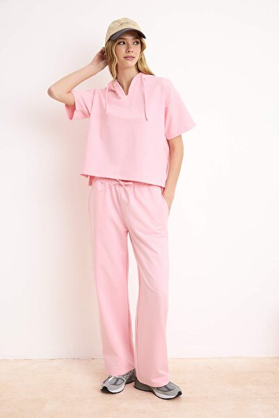 Trendyol Collection Pink Oversized Low Arm Short Sleeve Wide Leg Thin Knitted...