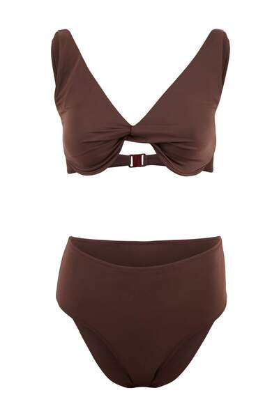 ترينديول كوليكشن طقم بيكيني عادي عالي الخصر مغطى باللون البني TBESS26BT00017