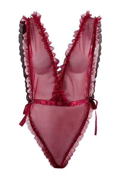 Trendyol Collection Body mulat din tul burgundy cu volane și legătură lateral...