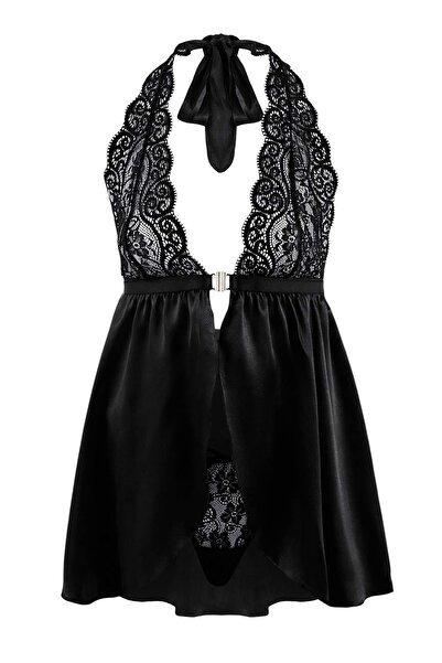 ترينديول كوليكشن قميص نوم أسود من الساتان برباط حول الرقبة/قميص نوم فاخر THMS...