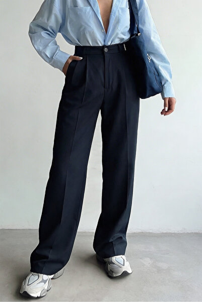 Hersteller Kadın Lacivert Bol Kesim Palazzo Pantolon Yüksek Bel Pileli Kumaş ...